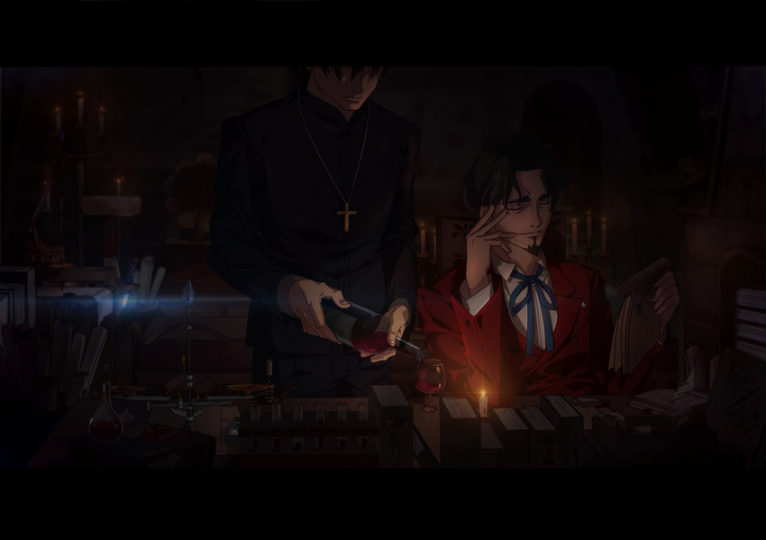 alcohol book bottle brown_hair candle chemistry_set cross cup dagger drinking_glass facial_hair fate/zero fate_(series) goatee highres kisekiguiji kotomine_kirei male_focus multiple_boys reading scenery toosaka_tokiomi weapon wine wine_glass
