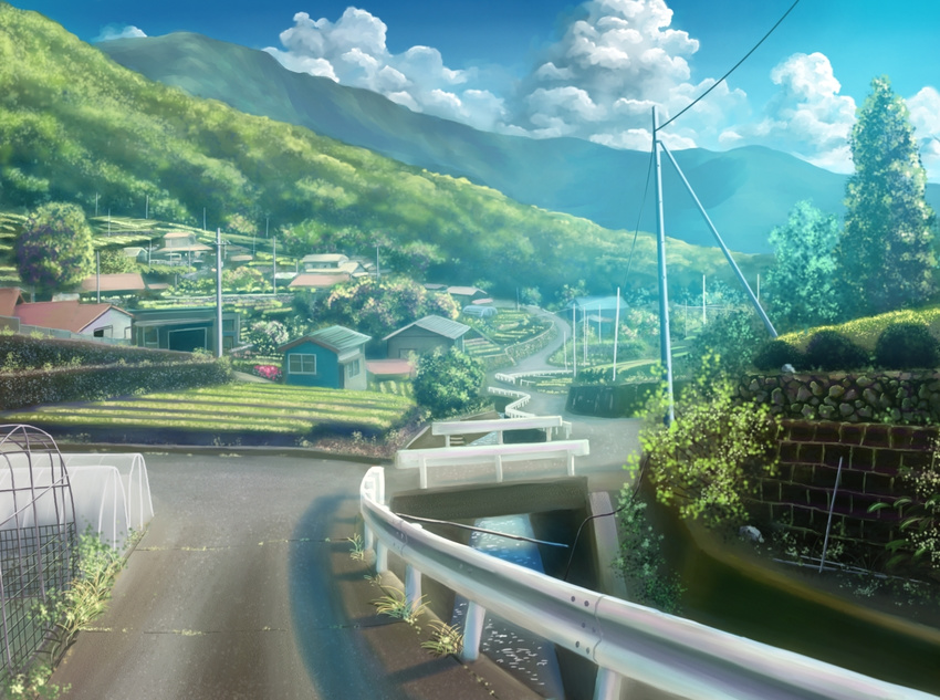 canal cloud commentary day grass greenhouse guard_rail house landscape monorisu mountain no_humans original perspective power_lines real_world_location river road scenery shadow sky telephone_pole tree village