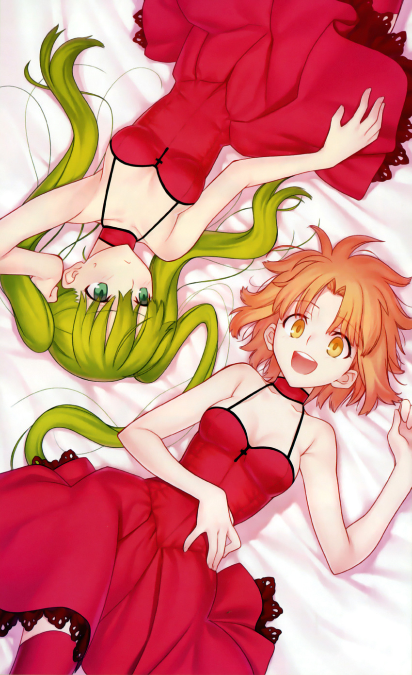 :d arm_up bare_shoulders breasts choker cleavage dress green_eyes green_hair hand_on_own_stomach hibino_hibiki highres katsuragi_chikagi long_hair lying mahou_tsukai_no_hako medium_breasts multiple_girls on_back open_mouth orange_eyes orange_hair red_dress red_legwear scan short_hair smile sweatdrop takeuchi_takashi thighhighs twintails