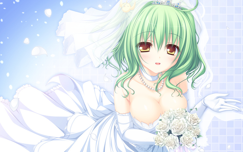 :d bouquet breasts brown_eyes choker cleavage dress elbow_gloves flower gloves green_hair highres hinohara_tamako holding jewelry large_breasts lunaris_filia mikagami_mamizu necklace open_mouth ribbon_choker rose smile solo strapless strapless_dress tiara wallpaper wedding_dress white_dress white_flower white_gloves white_rose