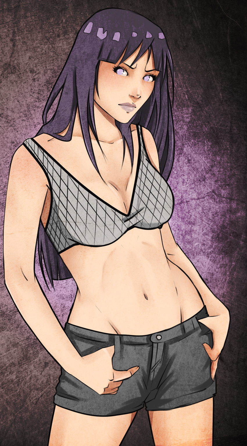 1girl bra highres hyuuga_hinata long_hair midriff mound_of_venus naruto naruto:_road_to_ninja naruto_shippuuden navel purple_eyes purple_hair shorts solo szajn-sama underwear