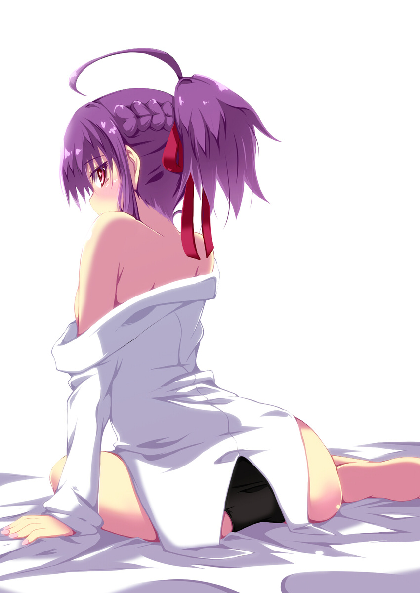 ahoge bare_shoulders barefoot bed_sheet black_panties hair_ribbon half_updo heart heart-shaped_pupils highres jikkyou_powerful_pro_yakyuu kaname_nagi looking_back off_shoulder panties purple_hair red_eyes ribbon rokudou_hijiri short_hair short_ponytail sitting solo symbol-shaped_pupils underwear yokozuwari