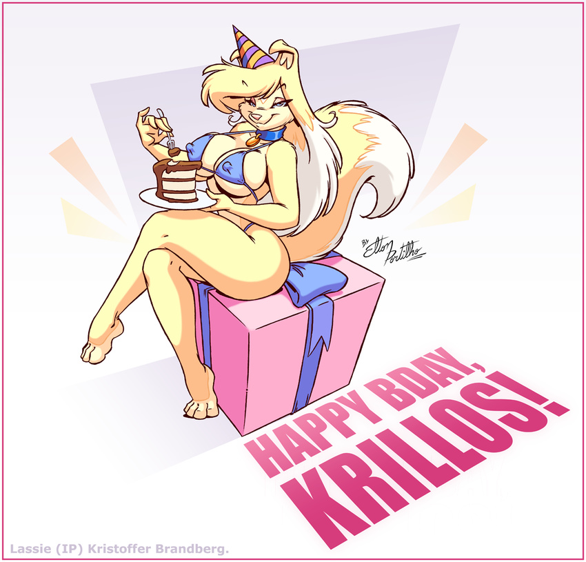 bikini birthday blue_eyes breasts cake canine chocolate clothed clothing collar dog eltonpot female food fork gift krillos' krillos' lassie mammal party_hat plate rough_collie skimpy solo swimsuit