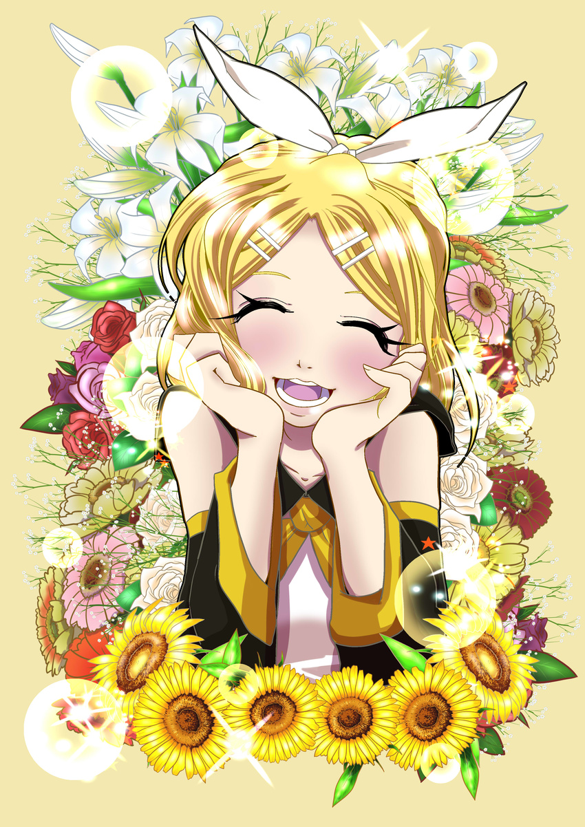 absurdres baby's-breath bare_shoulders birdsong blonde_hair blush closed_eyes detached_sleeves facing_viewer floral_background flower hair_ornament hair_ribbon hairclip hands_on_own_cheeks hands_on_own_face highres kagamine_rin lily_(flower) open_mouth ribbon rose shiny shiny_hair short_hair smile solo upper_body vocaloid