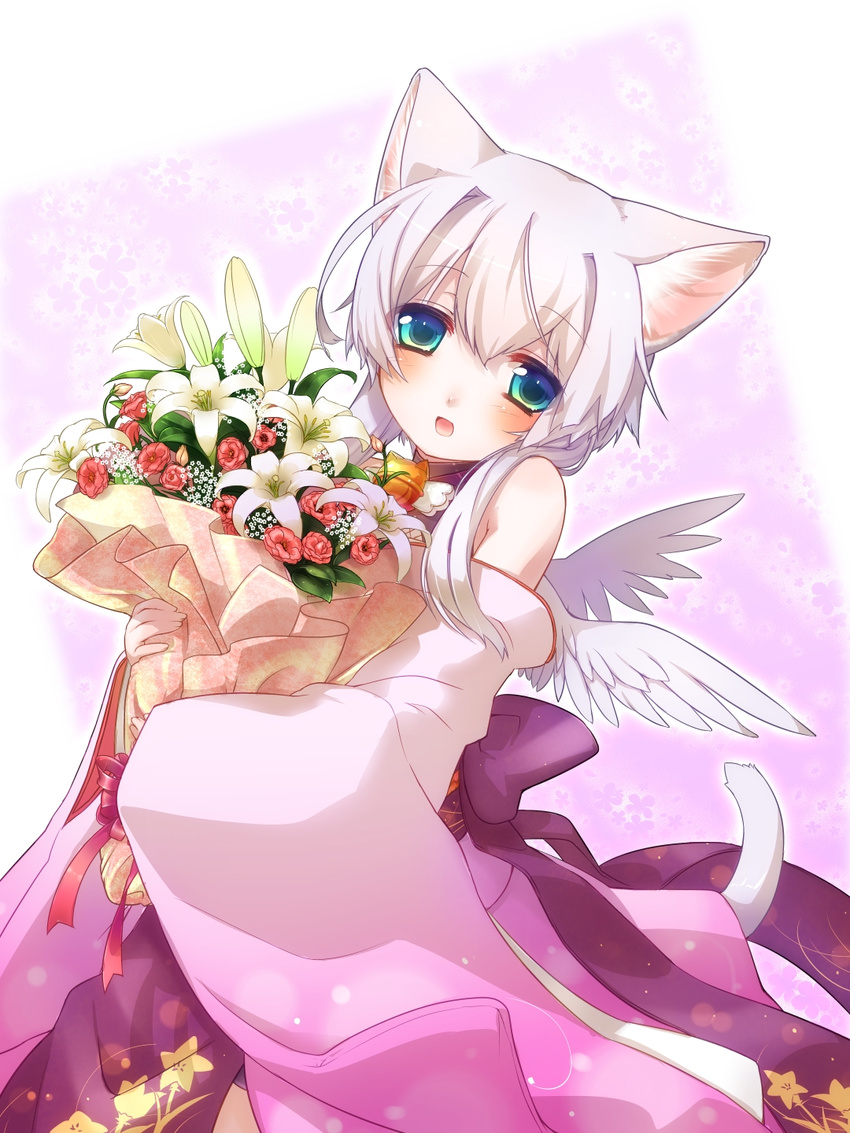 :d animal_ears bare_shoulders blue_eyes blush bouquet cat_ears cat_tail detached_sleeves floral_print flower fuuka_(kazane_chinya) highres holding kazane_chinya lily_(flower) open_mouth original smile solo tail white_hair