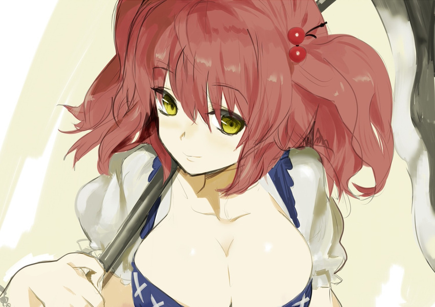 breasts brown_hair cleavage collarbone hair_bobbles hair_ornament large_breasts luv onozuka_komachi over_shoulder scythe shirt solo touhou two_side_up upper_body yellow_eyes