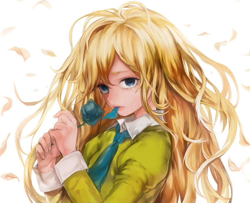 blonde_hair blue_eyes blue_flower blue_rose crying flower highres ib lips long_hair looking_at_viewer mary_(ib) petals rose simple_background solo tcb tears white_background