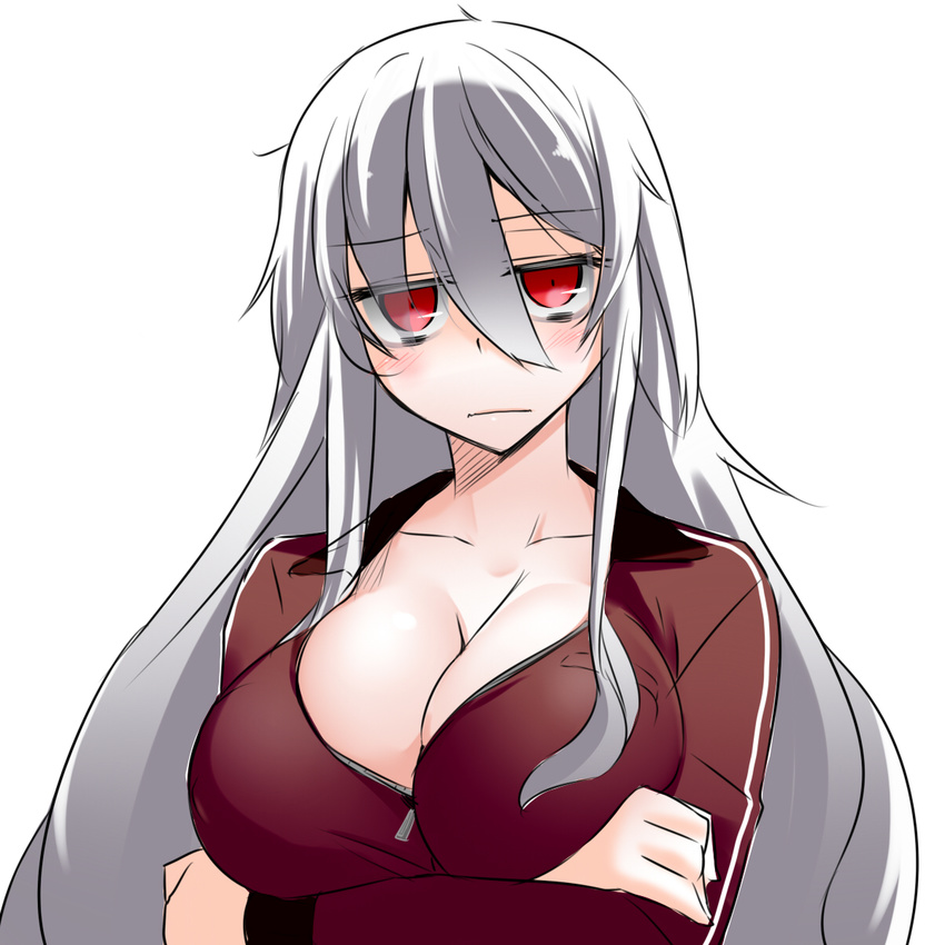 bad_id bad_pixiv_id breast_rest breasts cleavage copyright_request crossed_arms highres huge_breasts jitome long_hair looking_at_viewer red_eyes silver_hair simple_background solo white_background yamane_akira zipper
