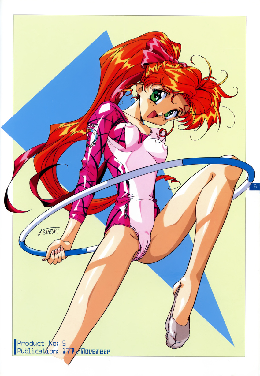 90s absurdres clothes_writing covered_nipples dated green_eyes gymnast_leotard half-soles high_ponytail highres holding hoop hula_hoop leotard long_hair looking_at_viewer open_mouth original red_hair suzuki_gamma