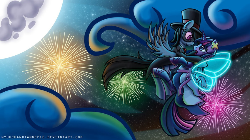 abstract_background black_hair blue_eyes blue_fur clothed clothing cloud clouds couple dancing disguise equine eye_contact female feral fireworks flying friendship_is_magic fur hair hat horn horse lesbian mammal mask moon my_little_pony night nyuuchandiannepie open_mouth pegasus pony purple_eyes purple_fur purple_hair rainbow_dash_(mlp) smile stars twilight_sparkle_(mlp) unicorn wings