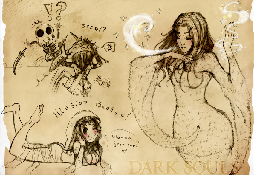 breasts crossbreed_priscilla dark_souls doodles from_software fur gwynevere highres jewelry lots_of_jewelry lying priscilla_the_crossbreed queen_of_sunlight_gwynevere souls_(from_software)