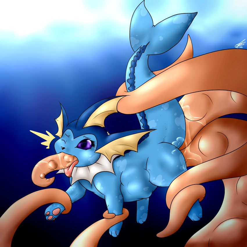 abdominal_bulge all_the_way_through bound cum eeveelution extreme_insertion female huge_insertion insertion large_insertion nintendo open_mouth penetration pok&#233;mon pok&eacute;mon shikaro solo tentacles tongue tongue_out vaporeon video_games water