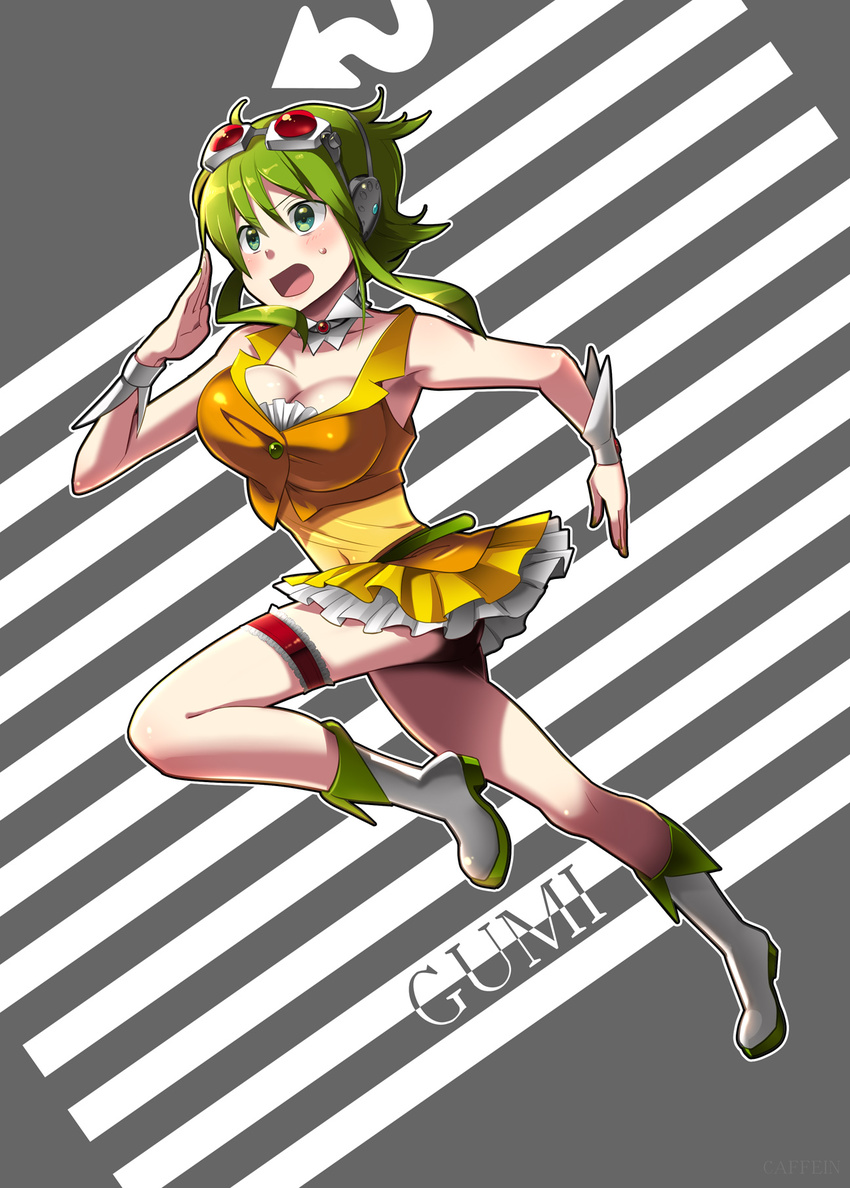 aqua_eyes boots breasts caffein character_name cleavage detached_collar goggles goggles_on_head green_hair gumi headphones highres large_breasts short_hair sidelocks solo vocaloid wrist_cuffs