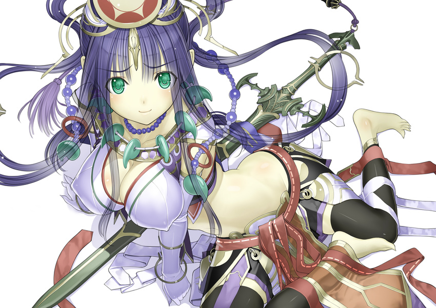 amaterasu_(sengoku_collection) bad_id bad_pixiv_id bangle barefoot beads blue_hair bracelet breasts cleavage covered_nipples elbow_gloves gloves green_eyes hair_ornament highres jewelry large_breasts long_hair looking_at_viewer magatama midriff nakabayashi_reimei navel necklace sengoku_collection simple_background sitting smile solo sword weapon white_background yokozuwari