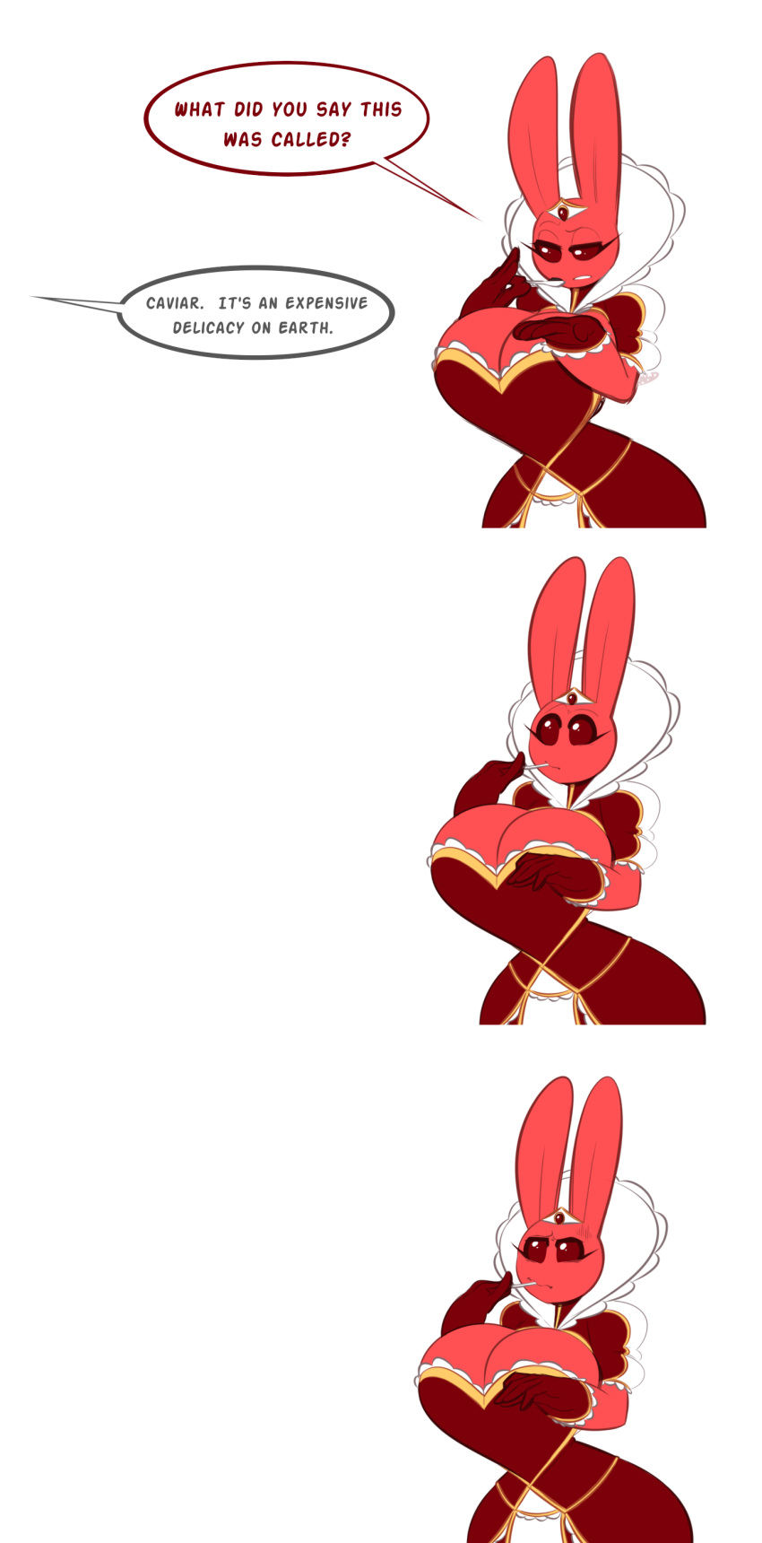 averyshadydolphin big_breasts breasts bunny_(averyshadydolphin) cleavage clothed clothing crown dress female fur gloves huge_breasts lagomorph long_ears mammal queen rabbit red_fur royalty spoon wide_hips