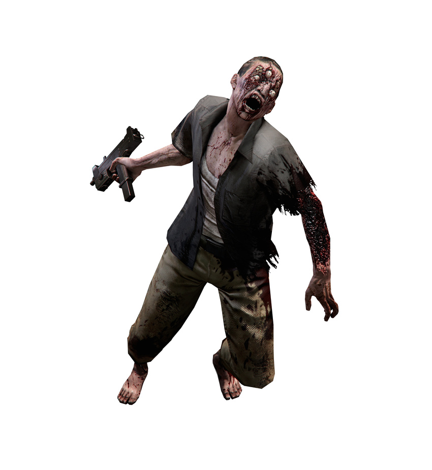 absurdres barefoot blood capcom extra_eyes full_body gun highres injury j'avo j'avo male male_focus multiple_eyes mutant official_art open_mouth resident_evil resident_evil_6 shirt simple_background solo torn_clothes transparent_background weapon white_shirt