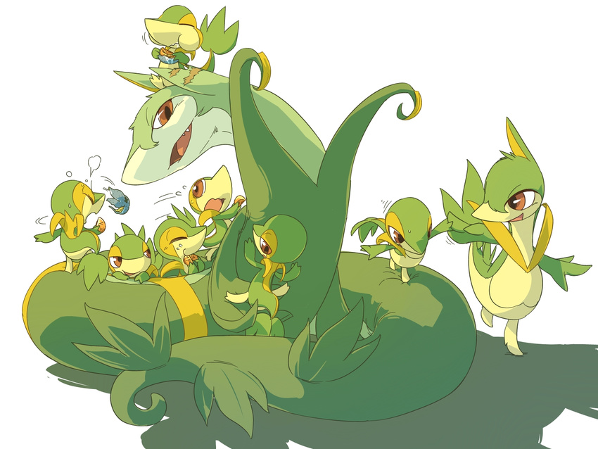 age_difference ambiguous_gender berry eating feral flora_fauna group hand_holding highres japanese looking_at_viewer nintendo open_mouth pok&#233;mon restricted_palette serperior servine size_difference snivy unknown_artist video_games wallpaper