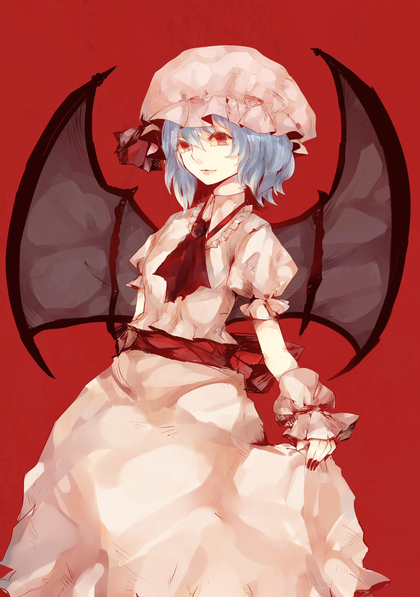 absurdres ascot bad_id bad_pixiv_id bat_wings blue_hair brooch dress hat highres jewelry lips meihahaha red_background remilia_scarlet short_hair smile solo touhou wings wrist_cuffs