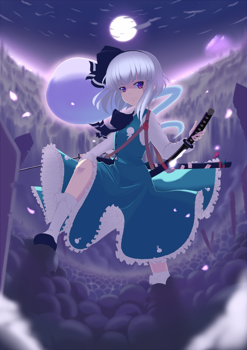 bad_id bad_pixiv_id black_hairband full_moon hairband highres katana konpaku_youmu konpaku_youmu_(ghost) moon purple_eyes scabbard sheath short_hair silver_hair skirt skirt_set solo sword tonpara touhou unsheathing weapon