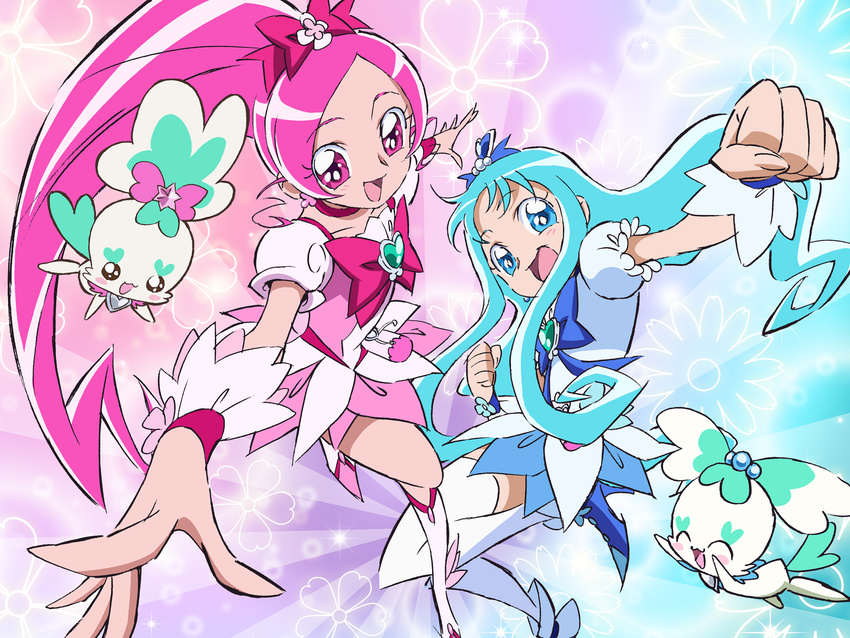 blue_skirt boots bow choker chypre_(heartcatch_precure!) clenched_hand coffret_(heartcatch_precure!) cure_blossom cure_marine eyelashes floral_background flower hanasaki_tsubomi heartcatch_precure! highres knee_boots kurumi_erika looking_at_viewer multicolored multicolored_background multiple_girls official_art pink_bow pink_choker precure skirt smile thighhighs umakoshi_yoshihiko wallpaper