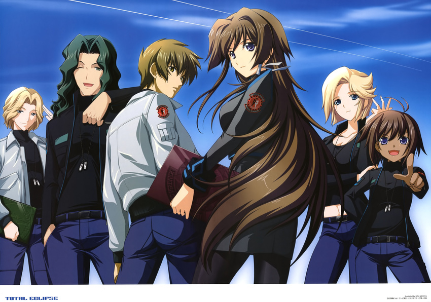 3girls :d ;d absurdres artist_name blonde_hair blue_eyes breasts brown_eyes brown_hair cloud condensation_trail dark_skin day dog_tags emblem green_hair hair_ribbon highres holding insignia jacket leaning_on_person long_hair looking_at_viewer medium_breasts military military_uniform miyata_sou multiple_boys multiple_girls muvluv muvluv_alternative muvluv_total_eclipse non-web_source one_eye_closed open_clothes open_jacket open_mouth over_shoulder pantyhose pointing pointing_at_viewer purple_eyes ribbon salute short_hair sky smile stella_bremer takamura_yui tarisa_manandal track_jacket uniform valerio_giacosa vincent_lowell wavy_hair yuuya_bridges