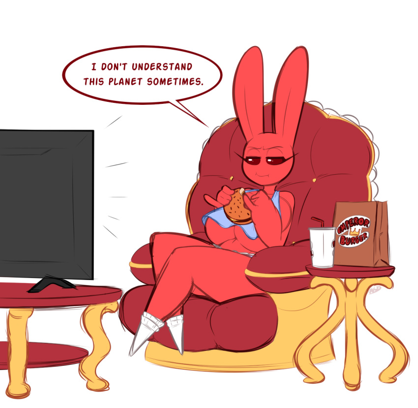 averyshadydolphin beverage big_breasts breasts bunny_(averyshadydolphin) burger chair clothing female food huge_breasts lagomorph legwear long_ears mammal pinky_out rabbit shirt socks table tank_top television thick_thighs under_boob
