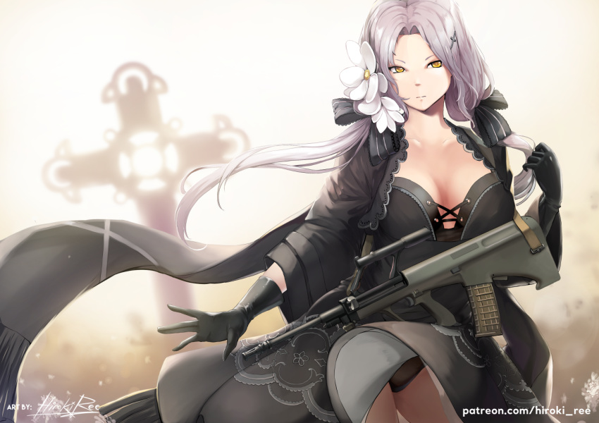 1girl assault_rifle aug_(girls_frontline) bangs black_dress black_gloves blurry blurry_background bokeh breasts bullpup cleavage closed_mouth collarbone covered_navel cross depth_of_field dress expressionless flower girls_frontline gloves gun hair_between_eyes hair_flower hair_ornament hair_ribbon hairclip hand_up hiroki_ree jacket large_breasts long_hair looking_at_viewer low_twintails mole mole_under_eye orange_eyes patreon_username ribbon rifle sidelocks signature solo steyr_aug twintails vertical_foregrip weapon wind wind_lift