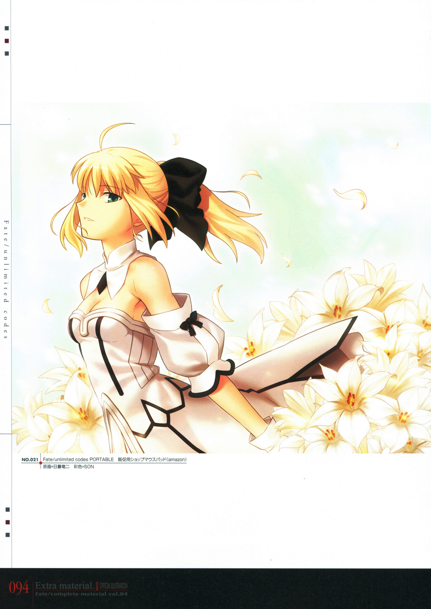 absurdres ahoge artoria_pendragon_(all) blonde_hair bow fate/stay_night fate/unlimited_codes fate_(series) flower green_eyes hair_bow highres higurashi_ryuuji lily_(flower) official_art ribbon saber saber_lily scan solo