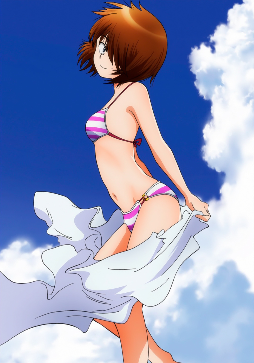 absurdres bikini brown_hair cloud day hair_over_one_eye highres imai_momoka navel nazo_no_kanojo_x screencap sky stitched striped striped_bikini striped_swimsuit swimsuit third-party_edit