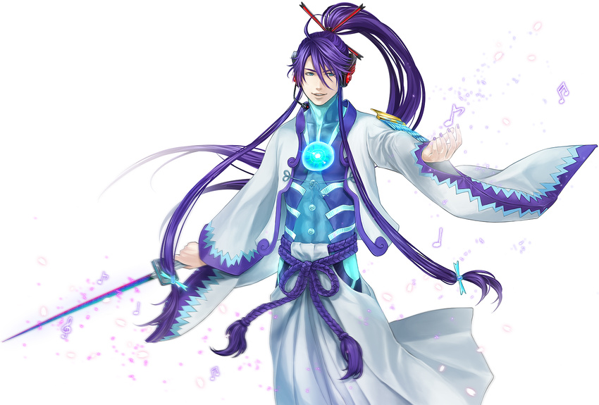 bad_id bad_pixiv_id blue_eyes highres japanese_clothes kamui_gakupo long_hair male_focus musical_note ohse ponytail purple_hair sidelocks solo sword very_long_hair vocaloid weapon