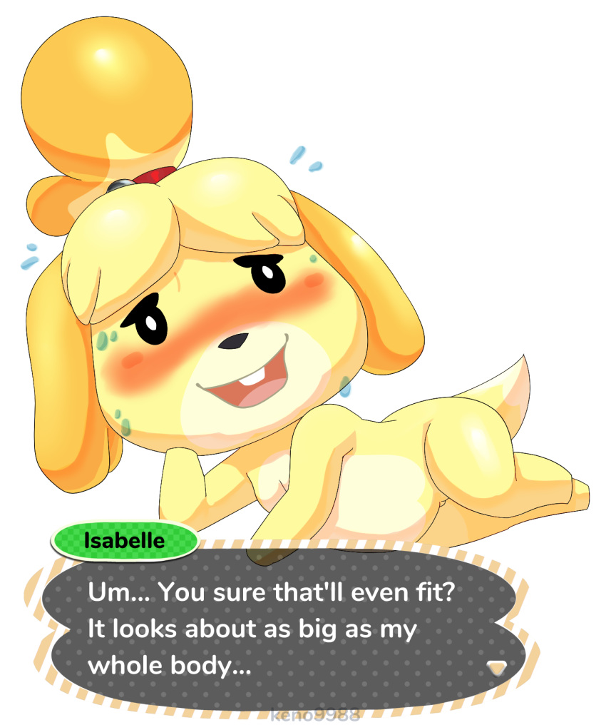alpha_channel animal_crossing anthro black_nose blush canine chibi dog female fur hi_res isabelle_(animal_crossing) keno9988 lying mammal nervous nintendo nude pussy shih_tzu simple_background slightly_chubby smile solo sweat text transparent_background video_games white_fur yellow_fur