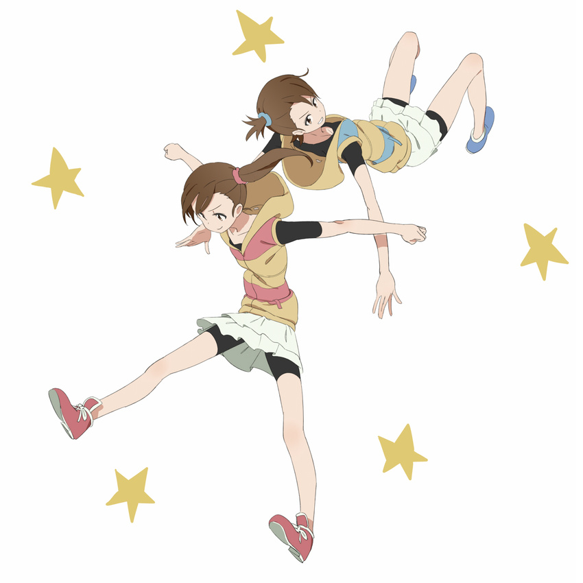 bike_shorts brown_eyes brown_hair futami_ami futami_mami highres hood hoodie idolmaster idolmaster_(classic) long_hair multiple_girls shoes short_hair side_ponytail skirt smile sneakers tt_(poposujp)