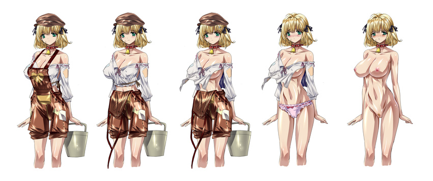 blonde_hair blush breasts bucket cabbie_hat collar green_eyes hair_ribbon hat highres large_breasts navel nipples nude original overalls panties q_azieru ribbon short_hair sleeves_rolled_up torn_clothes underwear