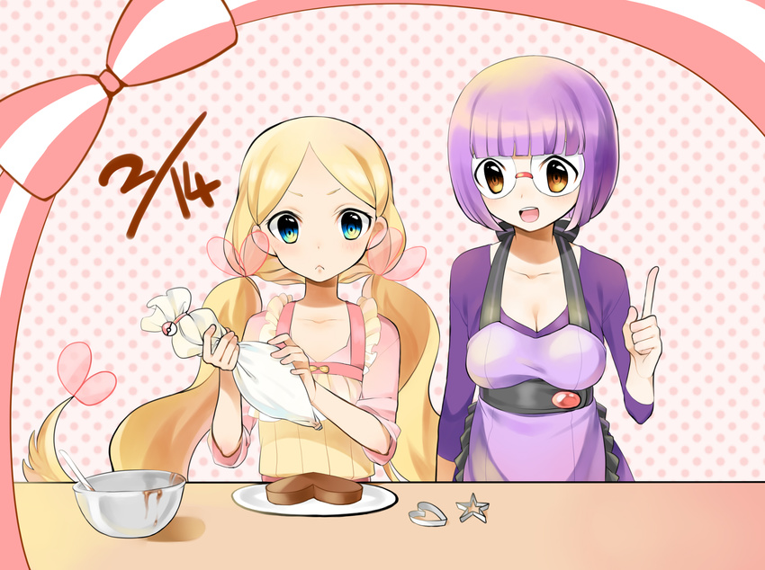 :&lt; :d alternate_hairstyle apron bad_id bad_pixiv_id baking bangs blonde_hair blue_eyes blush bow bowl breasts cattleya_(pokemon) chocolate cleavage cookie_cutter dated elite_four fingers flat_chest food glasses heart highres index_finger_raised long_hair medium_breasts mixing_bowl multiple_girls open_mouth orange_eyes parted_bangs pastry_bag plate pointing pointing_up poke_ball pokemon pokemon_(game) pokemon_bw purple_hair ribbon rimless_eyewear shikimi_(pokemon) short_hair smile twintails valentine very_long_hair yuu_(7862260010)