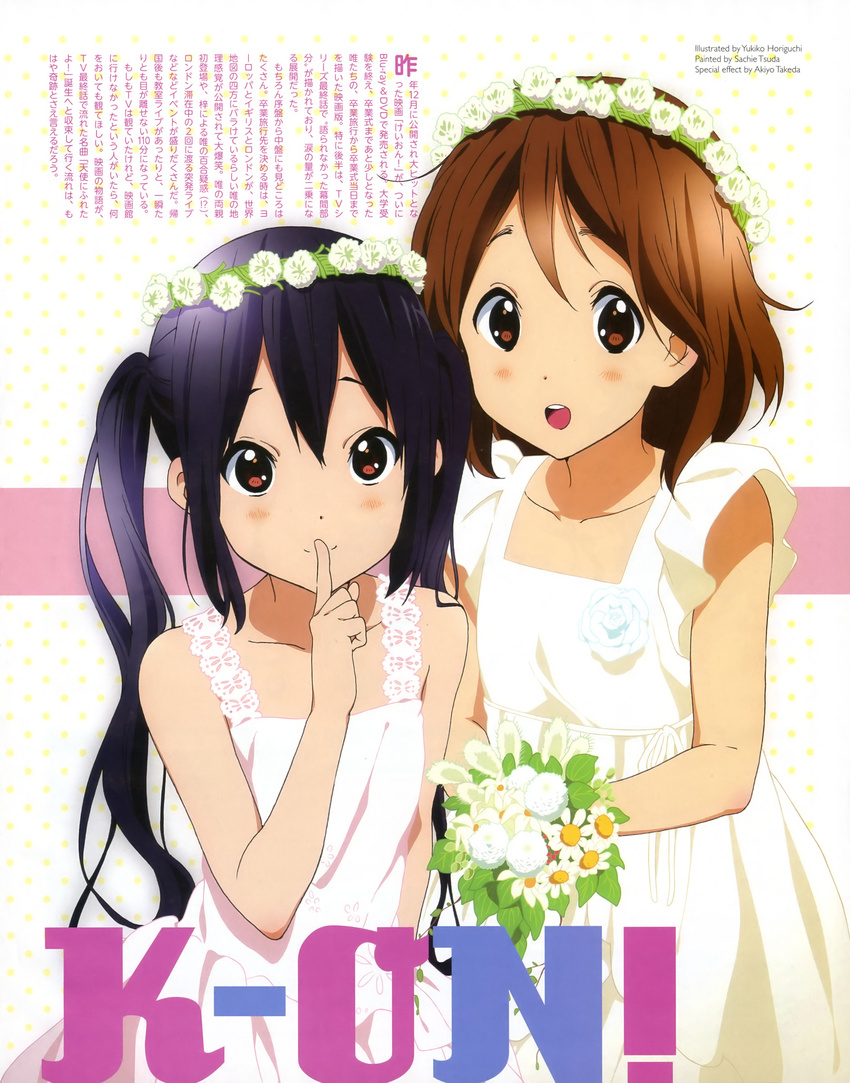 absurdres black_hair blush brown_eyes brown_hair dress head_wreath highres hirasawa_yui horiguchi_yukiko k-on! long_hair multiple_girls nakano_azusa red_eyes scan takeda_akiyo text_focus tsuda_sachie twintails