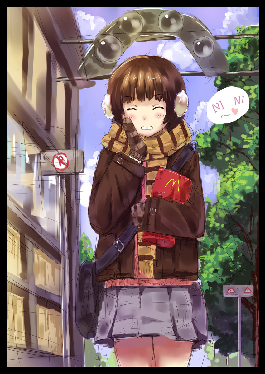 absurdres amagami bag blush bob_cut brown_hair closed_eyes coat day earmuffs grin highres mcdonald's mittens outdoors road_sign scarf school_bag short_hair sign sketch skirt smile solo tachibana_miya yinzhai