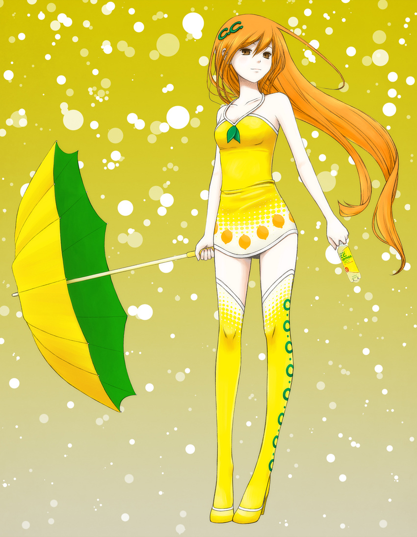 bottle breasts brown_eyes c.c._lemon c.c._lemon_(character) food fruit hair_ornament highres lemon long_hair lost_july medium_breasts solo thighhighs umbrella