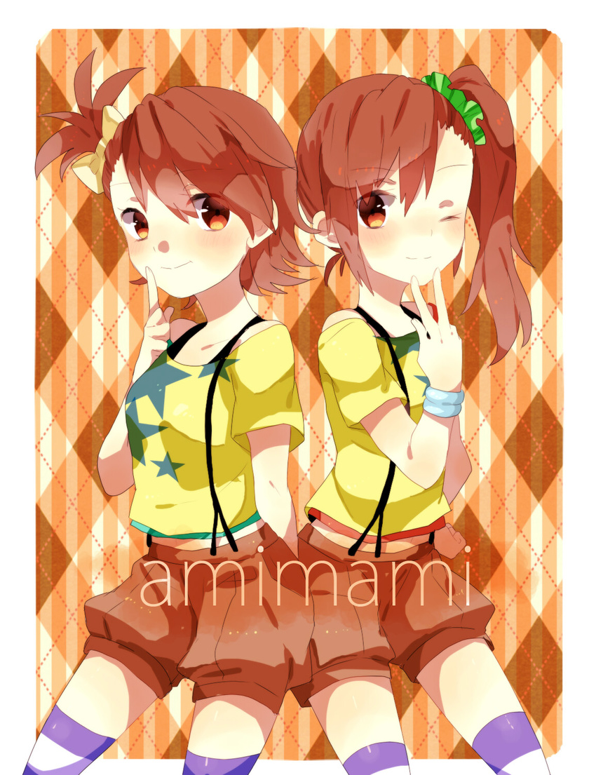 bad_id bad_pixiv_id brown_eyes brown_hair character_name futami_ami futami_mami hand_on_hip highres idolmaster idolmaster_(classic) long_hair multiple_girls one_eye_closed riiu scrunchie shirt short_hair shorts side_ponytail smile striped striped_legwear suspenders t-shirt thighhighs