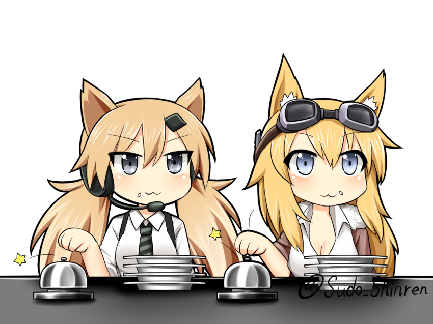 2girls animal_ears anthropomorphism blonde_hair blue_eyes breasts cat_smile catgirl cleavage girls_frontline goggles gray_eyes headphones idw_(girls_frontline) long_hair microphone mossberg_500_(girls_frontline) shirt signed sudo_shinren tie twintails white