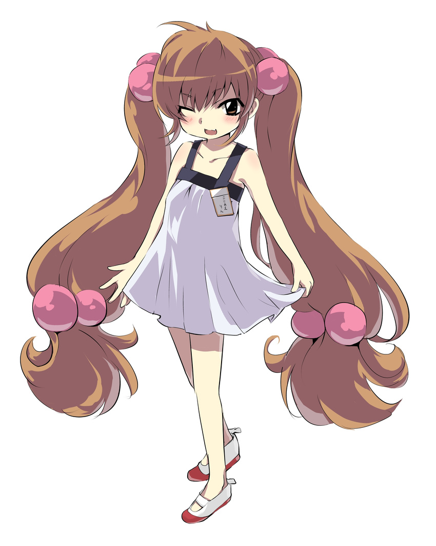 bare_shoulders brown_eyes brown_hair dress full_body hair_bobbles hair_ornament highres kodomo_no_jikan kokonoe_rin long_hair name_tag one_eye_closed onodera_(einsatz) open_mouth shoes simple_background smile solo standing uwabaki very_long_hair white_background