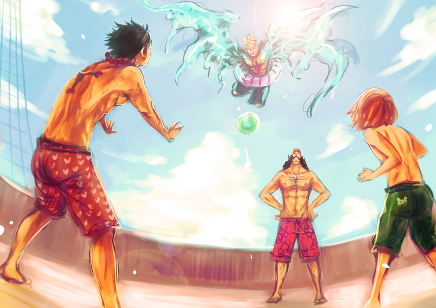 bad_id bad_pixiv_id ball beachball black_hair blonde_hair blue_fire brown_hair cloud day facial_hair fire flower_sword_vista grin haruta_(one_piece) hat innertube jewelry long_hair male_focus marco multiple_boys mustache necklace one_piece portgas_d_ace shirtless shorts sky smile swim_cap tattoo tsuyomaru whistle whitebeard_pirates wings