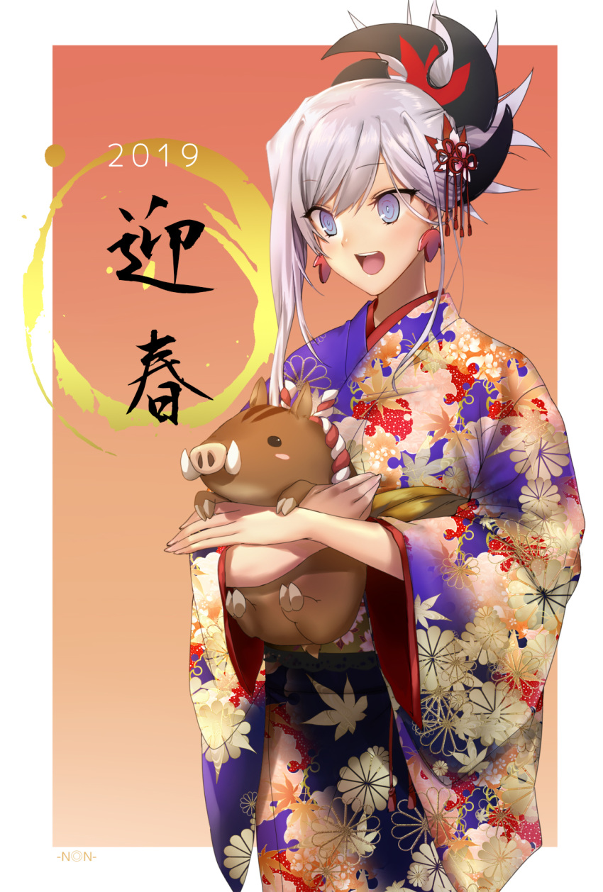 1girl 2019 animal artist_name asymmetrical_bangs bangs commentary_request eyebrows_visible_through_hair fate/grand_order fate_(series) floral_print flower gradient gradient_background grey_eyes hair_between_eyes hair_flower hair_ornament hair_up highres holding holding_animal japanese_clothes kimono long_sleeves miyamoto_musashi_(fate/grand_order) non_(nonzile) obi open_mouth pig pink_hair purple_kimono ringed_eyes sash smile translation_request tusks wide_sleeves