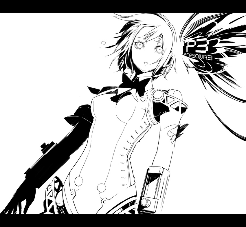 404_(artist) aegis_(persona) android armband ascot copyright_name elbow_gloves gloves greyscale headphones high_contrast highres monochrome persona persona_3 robot robot_joints short_hair solo torn_clothes torn_gloves