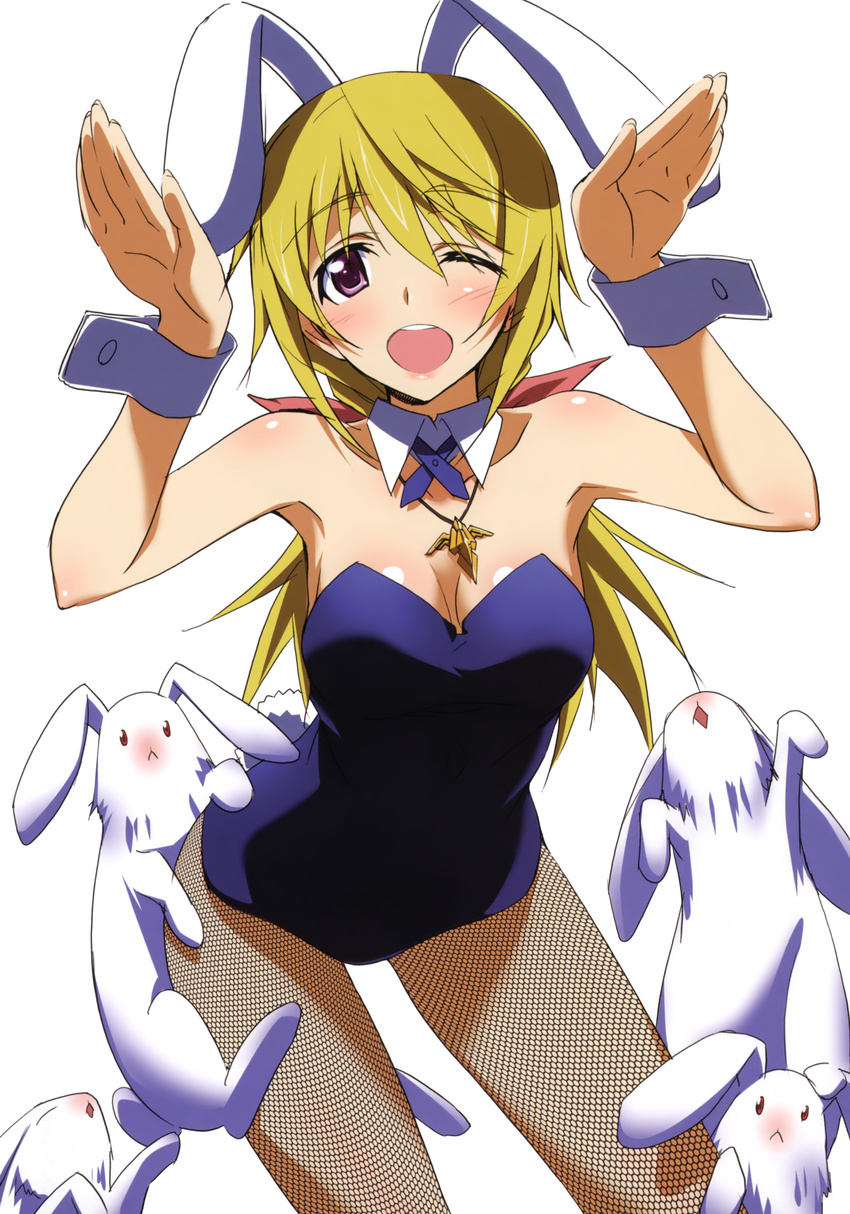 ;d absurdres animal_ears bare_shoulders blonde_hair blue_leotard blush body_blush breasts bunny bunny_ears bunny_pose bunnysuit charlotte_dunois cleavage detached_collar fishnet_pantyhose fishnets highres infinite_stratos jewelry kinako_(kinako_no_yama) kurashima_tomoyasu leotard long_hair medium_breasts necklace one_eye_closed open_mouth pantyhose purple_eyes simple_background smile solo white_background wrist_cuffs