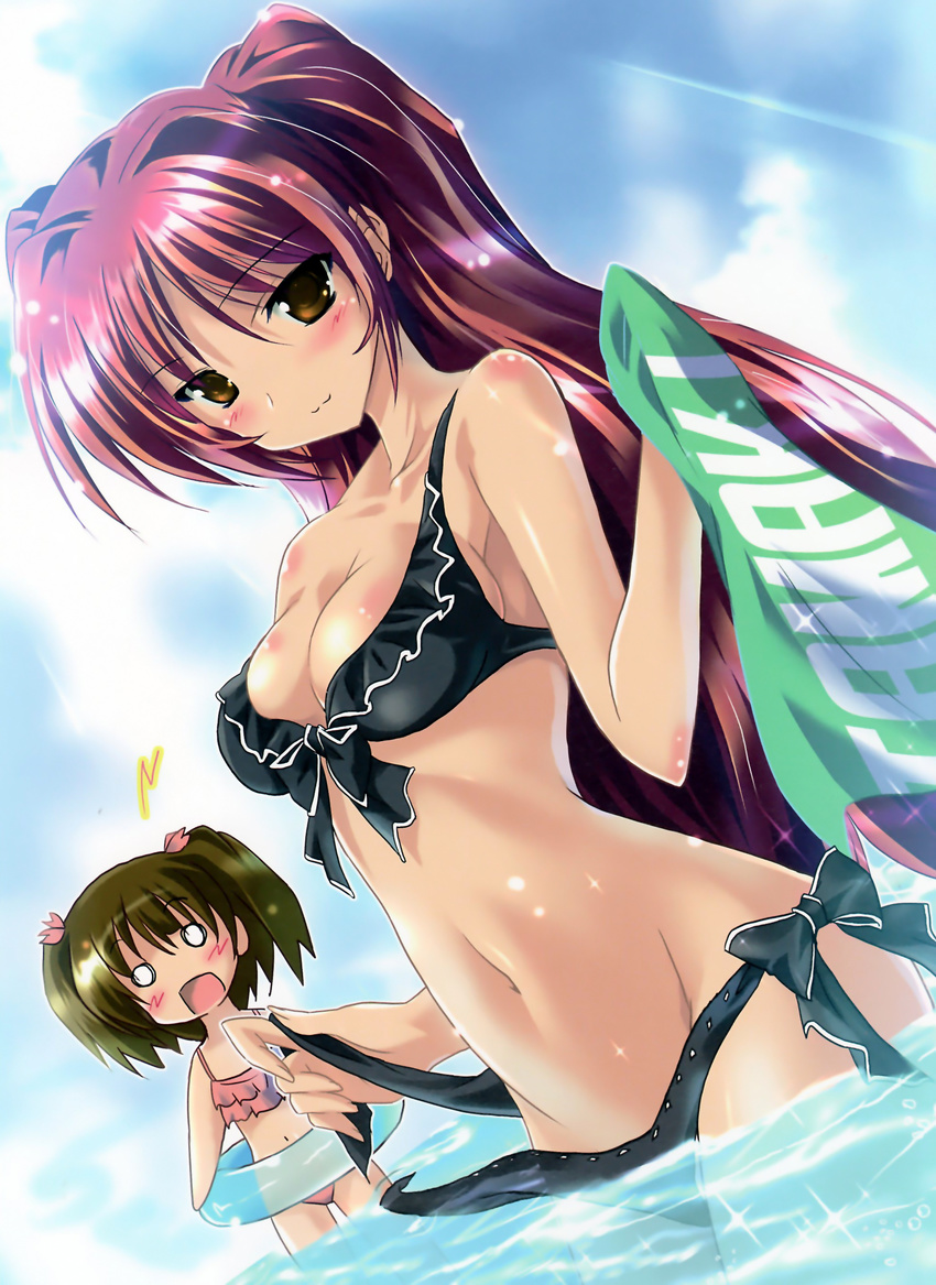 :3 absurdres bare_shoulders bikini black_bikini blue_sky blush body_blush breasts brown_eyes brown_hair cleavage day dutch_angle flat_chest front-tie_top highres innertube komatsu_eiji kousaka_tamaki long_hair medium_breasts multiple_girls navel o_o open_mouth pink_bikini red_hair scan short_twintails side-tie_bikini sky swimsuit to_heart_2 towel twintails untied wading water yuzuhara_konomi