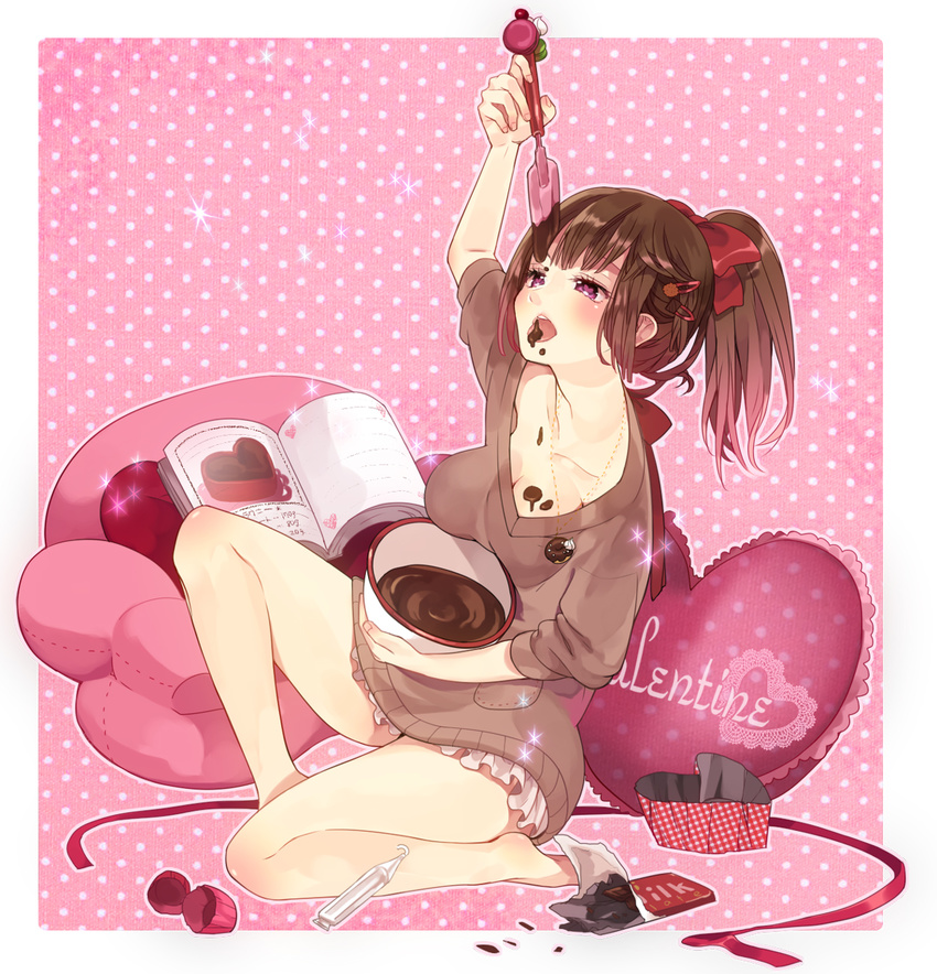 book breasts brown_hair candy_wrapper chocolate cleavage heart heart-shaped_pupils highres hiyo_kiki holding jewelry long_hair medium_breasts mixing_bowl necklace open_book original outline pillow pink_hair polka_dot polka_dot_background ponytail red sitting sleeves_pushed_up solo sweater symbol-shaped_pupils tongue tongue_out valentine