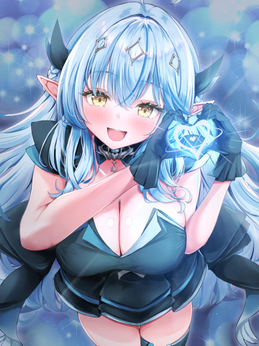 0806ohji 1girl ahoge black_dress black_gloves blue_hair blush breasts cleavage cowboy_shot dress elf gloves heart heart_ahoge heart_hands highres hololive horns large_breasts long_hair mahou_shoujo_holowitch! official_alternate_costume pointy_ears solo virtual_youtuber yellow_eyes yukihana_lamy