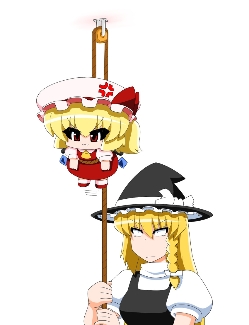 :3 :| anger_vein ascot black_dress blonde_hair braid closed_mouth commentary dress flandre_scarlet hair_ribbon hanging hat hat_ribbon highres kirisame_marisa long_hair multiple_girls pulley pulling red_dress red_eyes ribbon rope side_ponytail touhou v-shaped_eyebrows wings witch_hat yamato_damashi