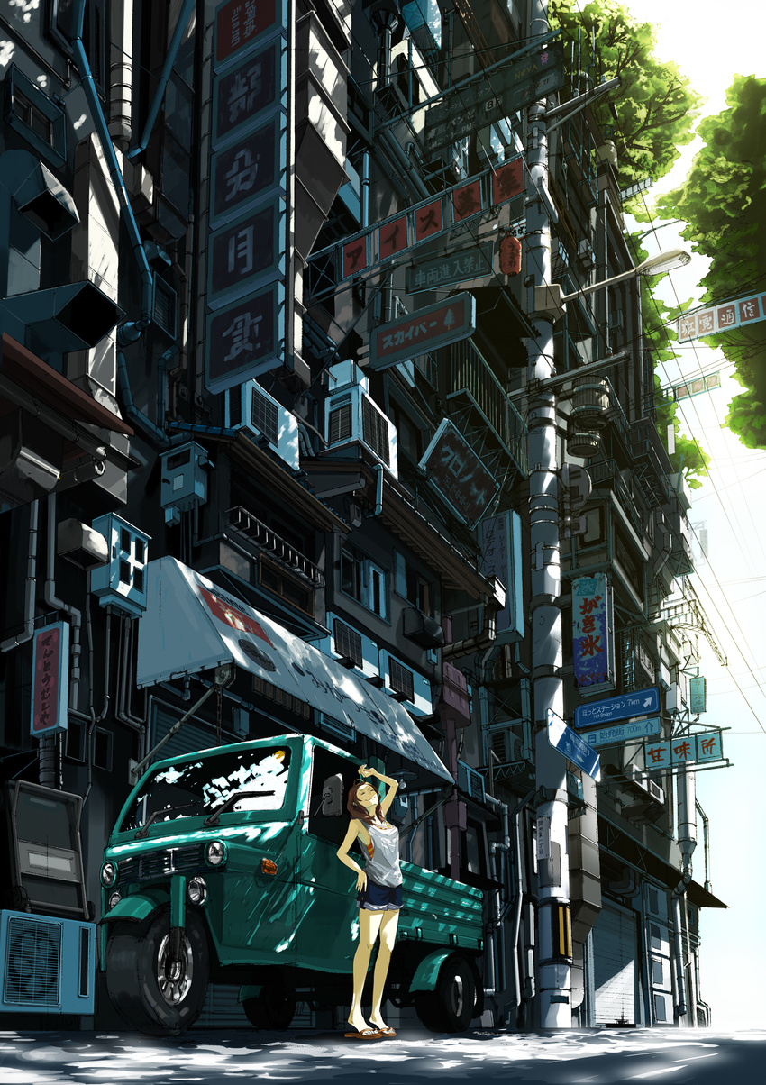 arm_up bad_id bad_pixiv_id brown_hair building closed_eyes ground_vehicle hand_on_hip highres kurono_kuro lamppost long_hair motor_vehicle original pipes power_lines road_sign sandals scenery shadow shorts sign smile solo standing stretch striped tank_top tiptoes tree truck