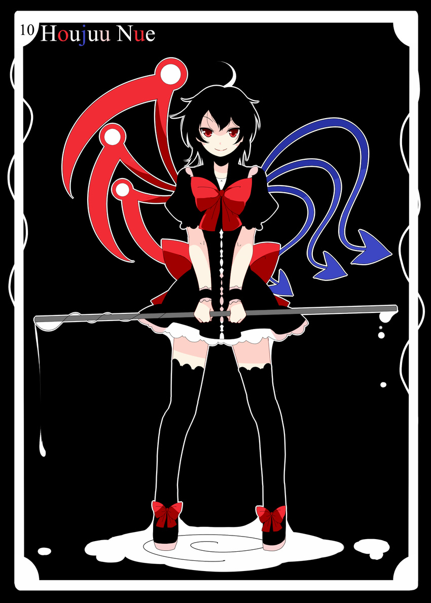 ahoge asymmetrical_wings black_background black_hair black_legwear boots character_name highres houjuu_nue looking_at_viewer meneru red_eyes short_hair smile solo standing thigh_boots thighhighs touhou water wings